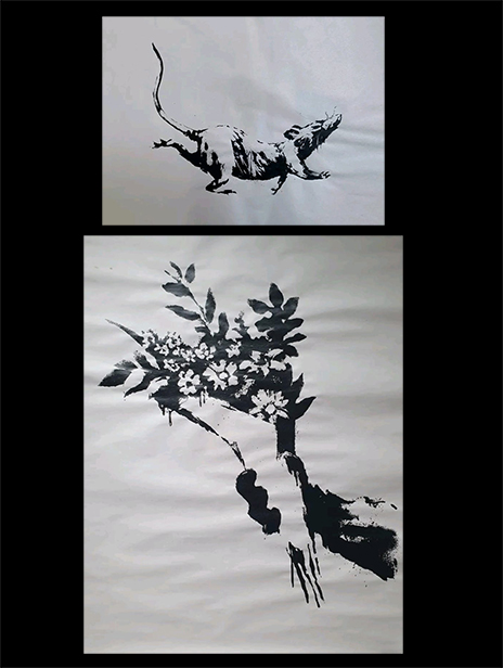 Banksy posters - Flower Thrower and Rat - from Croydon GDP shop event 2019