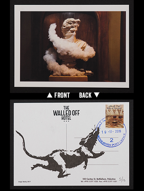 Banksy Walled Off Hotel Postcard - David in a cloud of teargas - very rare version with stamps