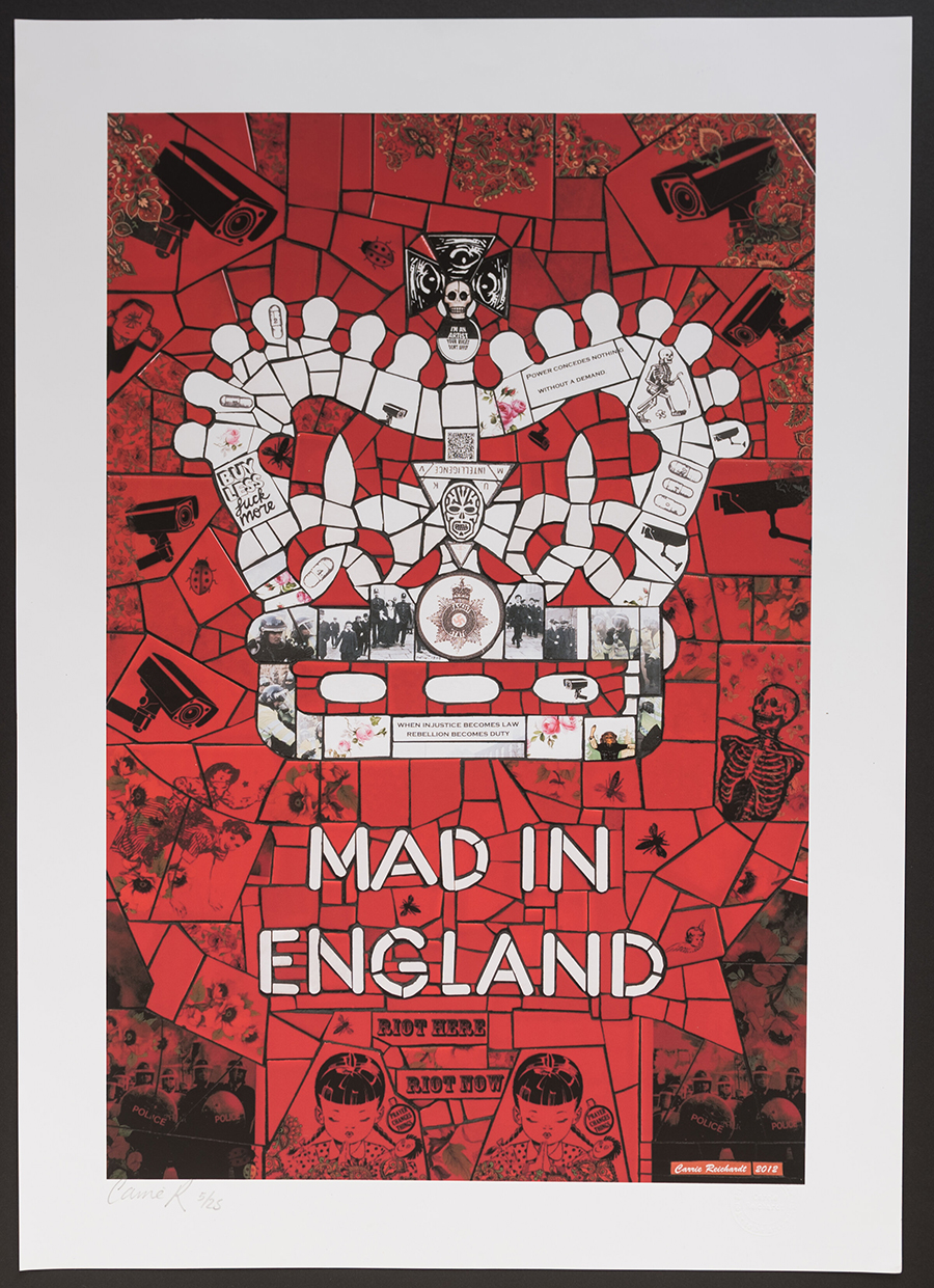 Carrie Reichardt - Mad in England art poster print - with a Crown on Red and Black background, signed