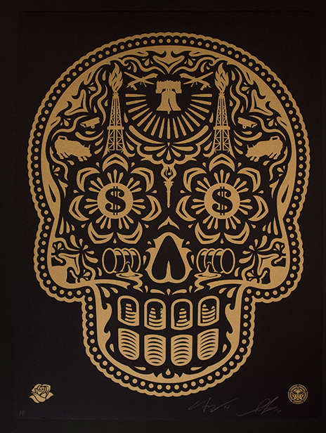 Ernesto Yerena - print skull - gold with dollar sign eyes