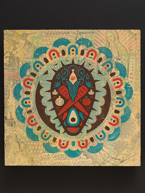 Ernesto Yerena - Food Truth - One off Artwork, Spray Paint Stencil On Mixed Media Background on 12 X12 Inch Wood Panel, 2014.