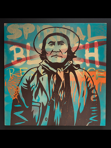 Ernesto Yerena Montejano - Geronimo, unique artwork, turquoise spray paint, stencil on wooden panel