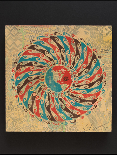 Ernesto Yerena Montejano Global Flow - 12 X12 Inch Wood Panel Spray Paint Stencil On Mixed Media Background 2014 One Off Artwork