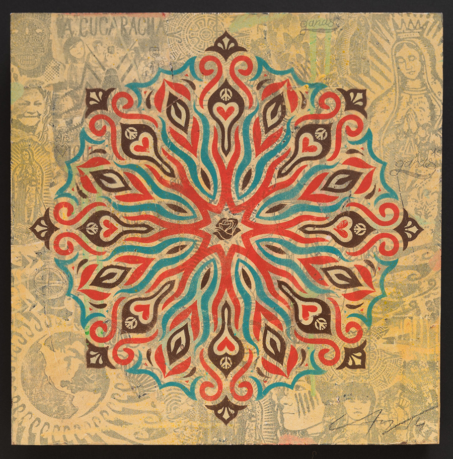 A one off painting by Ernesto Yerena - Peace And Love. Mixed media on wooden panel