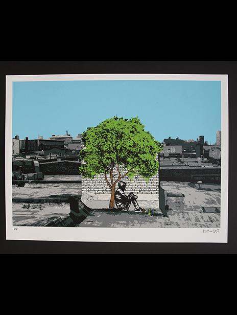 Ernesto Yerena - Food Truth - One off Artwork, Spray Paint Stencil On Mixed Media Background on 12 X12 Inch Wood Panel, 2014.