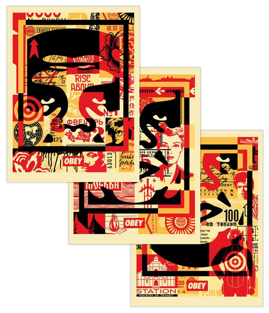 Obey Shepard Fairey 3-Face Collage Signed Offset Lithograph Set