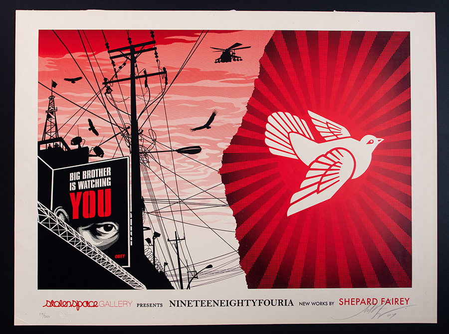 Screen print produced for the Shepard Fairey Nineteeneightyfouria show at Stolen Space Gallery - London, England